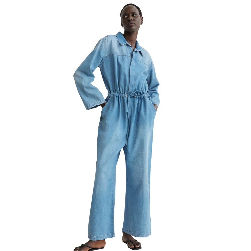 HM Denim Long Sleeve Jumpsuit Light Wash Blue Drawstring Waist Womens XL New
